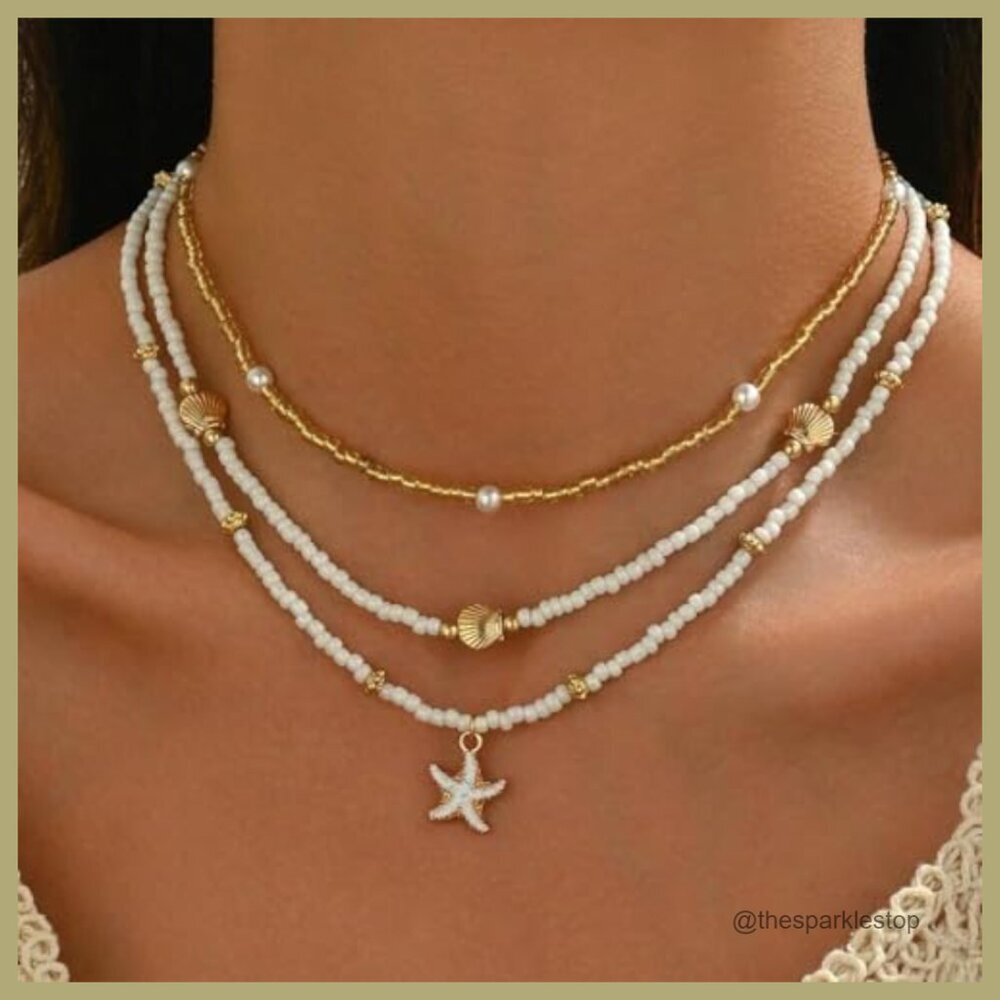 14k Gold Plated Boho Layered Beaded Charm Pendant Necklace - Picture 3 of 7